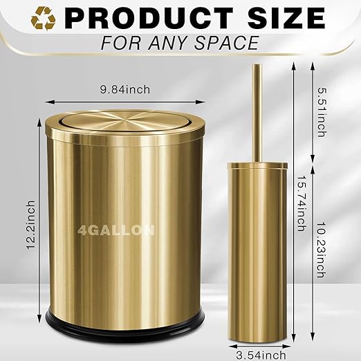 Maxdot 2 Pcs Gold Bathroom Trash Can with Flipping Lid 4 Gallon/15 L and Toilet Brush Set, Large Brushed Stainless Steel Garbage Trash Can Toilet Cleaner Brush Bin for Bathroom Bedroom Office