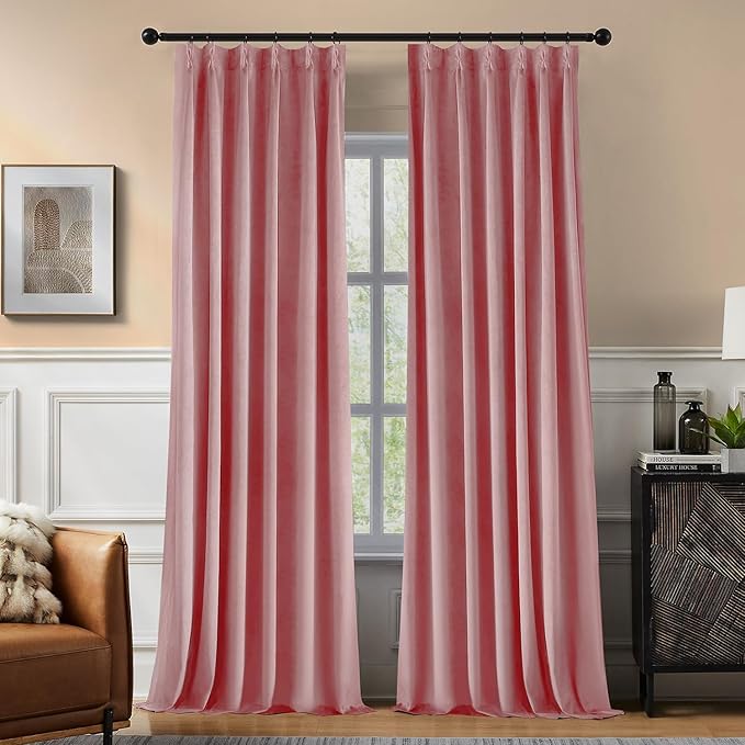 Pinch Pleated 100% Blackout Curtains for Bedroom, Pink Velvet Curtains for Living Room, Black Out Curtain 86 inch Long Room Darkening, Blackout Pinch Pleat Drapes with Hooks 2 Panels