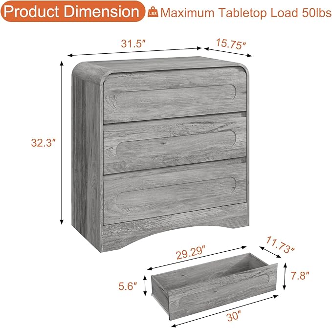 3 Drawer Dressers for Bedroom, 32" Wide Wood Storage Dresser & Chest of Drawers Organizer, Large Modern Dressers with 3 Drawer Storage Organizer for Bedroom Living Room Hallway Closet, Grey