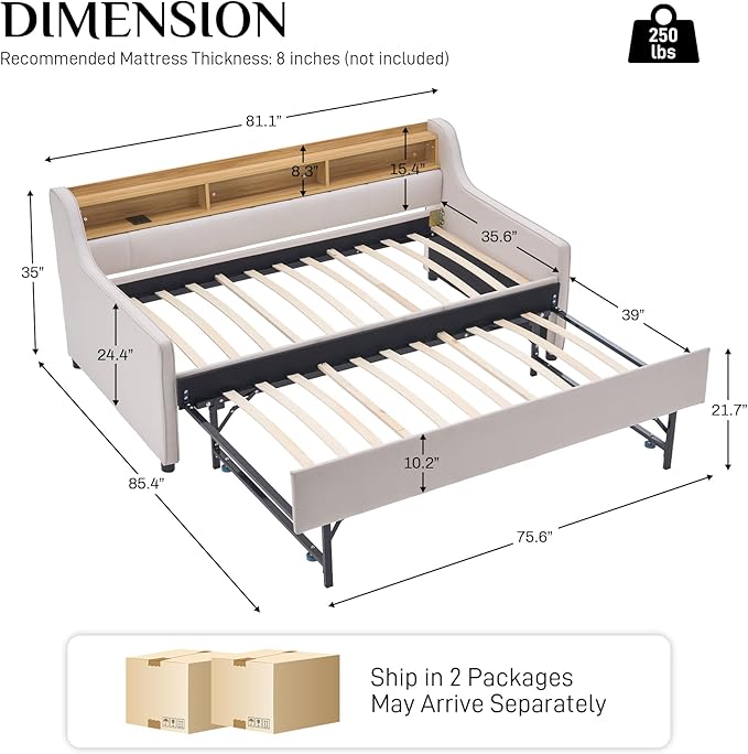 Twin Size Daybed with Pop Up Trundle Bed, Linen Fabric Upholstered Day Bed Frame with w/LED/USB/Type C/Storage Headboard, Twin to King Daybed for Living Room Bedroom, No Box Spring Needed, Beige