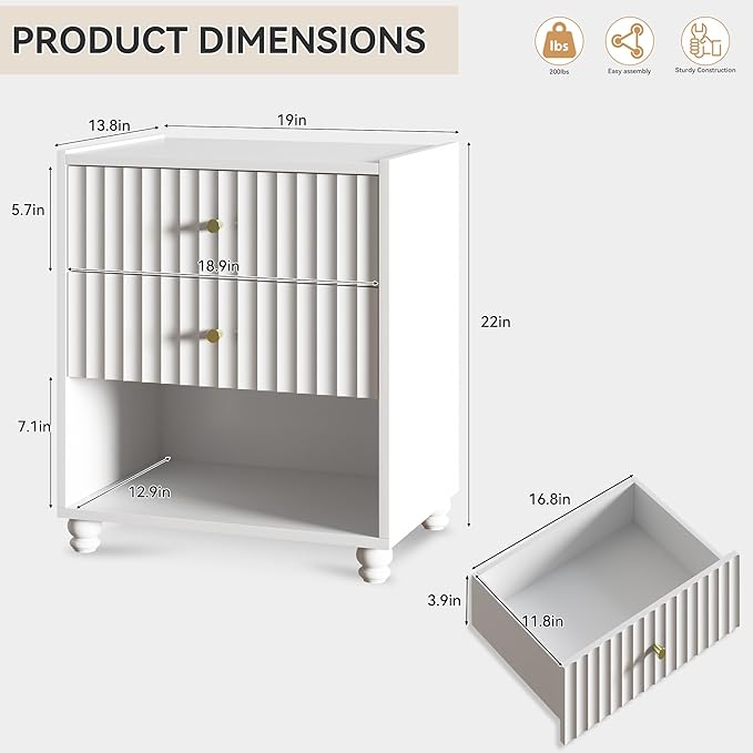 Modern Nightstand, Fluted End Table with 2 Drawers, Nightstand with Open Shelf for Bedroom (2, White)