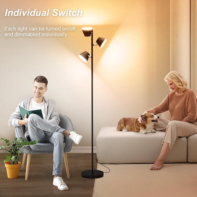 42W LED Tree Floor Lamp, 4500 Lumens Dimmable Standing Lamp with Remote & Touch Control, Modern Super Bright 3 Rotatable LED Light Floor Lamps for Living Room, Bedroom, Office