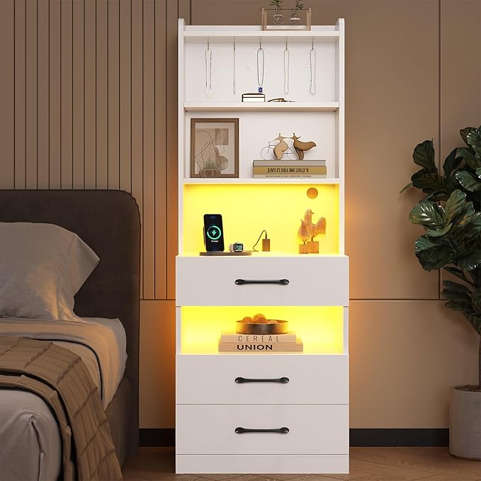 VIAGDO Tall Nightstand Set of 2 with Charging Station and LED Lights, White Night Stand Set 2 with Bookshelf, Modern LED Bedside Tables with 3 Drawers and Storage Shelves, Side Tables for Bedrooms