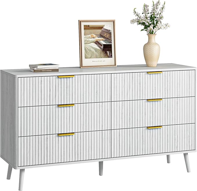 CARPETNAL Fluted 6 Drawer Dresser for Bedroom, 55" Wide Wooden Chest of Drawers with Rounded Corners, Gold Handles, Modern Storage Organizer for Bedroom, Hallway(White)