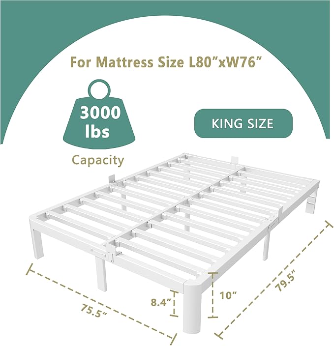 ITIMIDI 10 Inch White Bed Frame King Size with Metal Gaskets,Metal Platform Bed Frame King, No Box Spring Needed, Heavy Duty Steel Support 3000 LBS, Anti-Slip Mattress Stopper, Easy Assembly