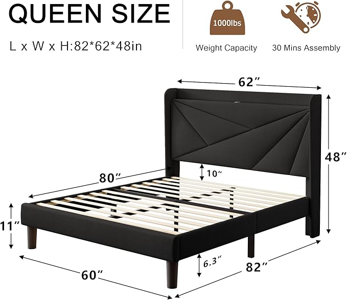 Queen Size Upholstered Bed Frame with Charging Station, Platform Bed Frame with Storage Headboard, Solid Wood Slats Support, No Box Spring Needed, Black