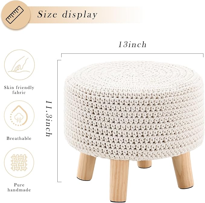 LGENHOOM Boho Ottoman Foot Stool Cotton Knitted Round Pouf Ottoman Foot Rest Stool with Non-Skid Wooden Legs Step Stool Padded Seat for Living Room White