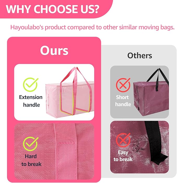 Moving Bags Heavy Duty Extra Large, Moving Boxes, Moving Supplies Essentials,Storage Bins with Lids, Plastic Packing Totes, Storage Bags for Clothes with Handles & Zippers(Pink, 6 Pack)