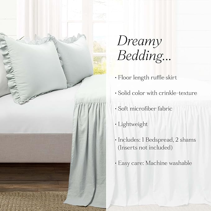 Lush Decor Ruffle Skirt Bedspread Set - 3-Piece Luxurious Farmhouse Bedding - Elegant Ruffle Detail - Timeless Style - Soft Lightweight Sheets - King, Sea Salt