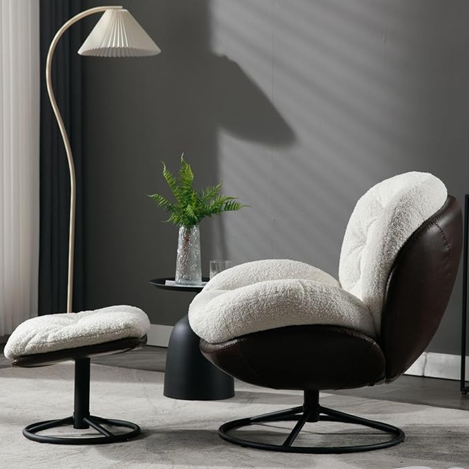 ZHENGHAO Swivel Accent Chair with Ottoman, Mid Century Modern Faux Fur Lounge Chair with footrest, Comfy Fluffy Armchair with 360° Metal Base for Reading/Living Room/Bedroom, White