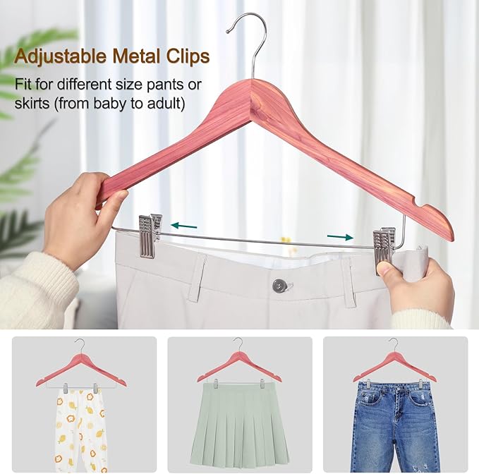 TOPIA HANGER American Red Cedar Wooden Hangers with Adjustable Metal Clips and 360° Swivel Hook, Premium Wood Clothes Hangers 20 Pack for Suit, Pant, Skirt, Jeans, Coat, Jacket-CT28C20