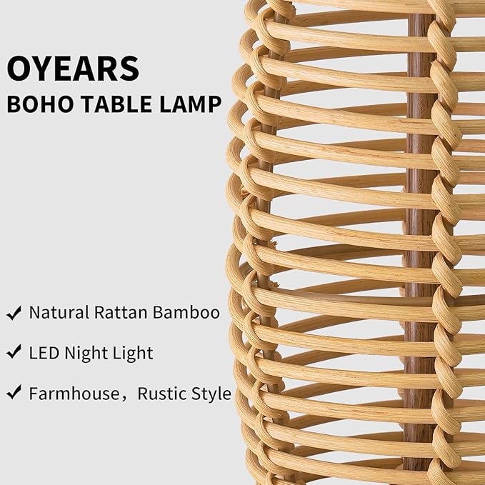 OYEARS 28" Table Lamps Set of 2 with Dual Night Lights, Bedside Lamps for Bedroom, Boho Lamp for Living Room, Rattan Table Lamp with Linen Shade, Farmhouse Lamp with Wood Grain Finish (Bulb Included)