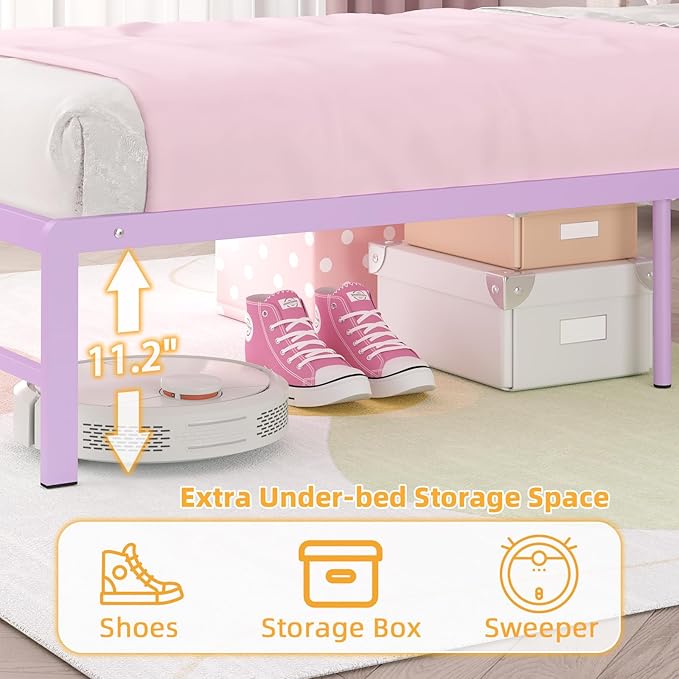 Twin Bed Frames with Charging Station, 2 Tiers Storage Headboard Twin Sized Bed No Box Spring Needed Heavy Duty Metal Platform for Girls, Purple