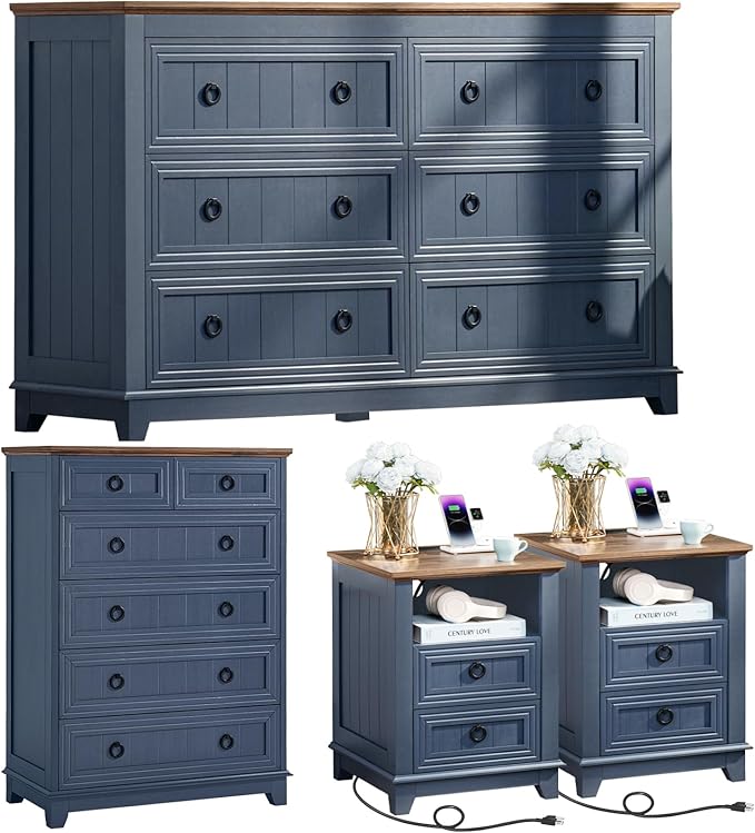 Bedroom Dresser and Nightstand Sets 4 Piece, Farmhouse 6 Drawers Dresser & 40.5" Tall Chest of Drawers,18" Nightstands with Charging Station,54" Wide Furniture Dressers for Bedroom,Living Room