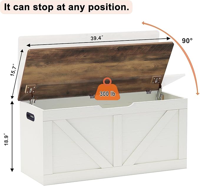 Timberer 39.4" Storage Chest, Wooden Storage Bench, Large Storage Trunk with 2 Safety Hinges, Entryway Shoes Bench for Living Room, Bedroom, Brown and Rustic White