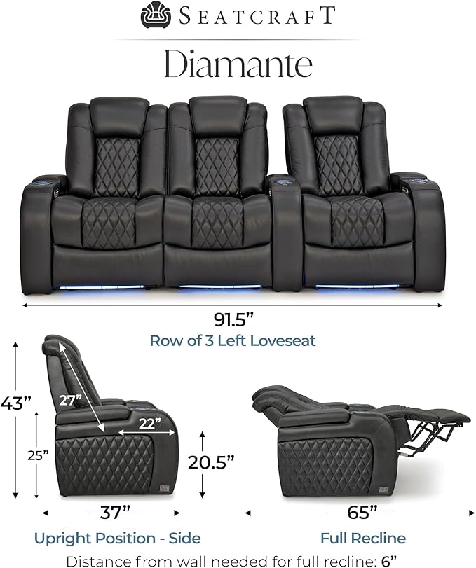 Seatcraft Diamante Zero-Gravity CoolZero Italian Leather Home Theater Seating, Power Headrest, Power Recline, Row of 3 Left Loveseat, Black