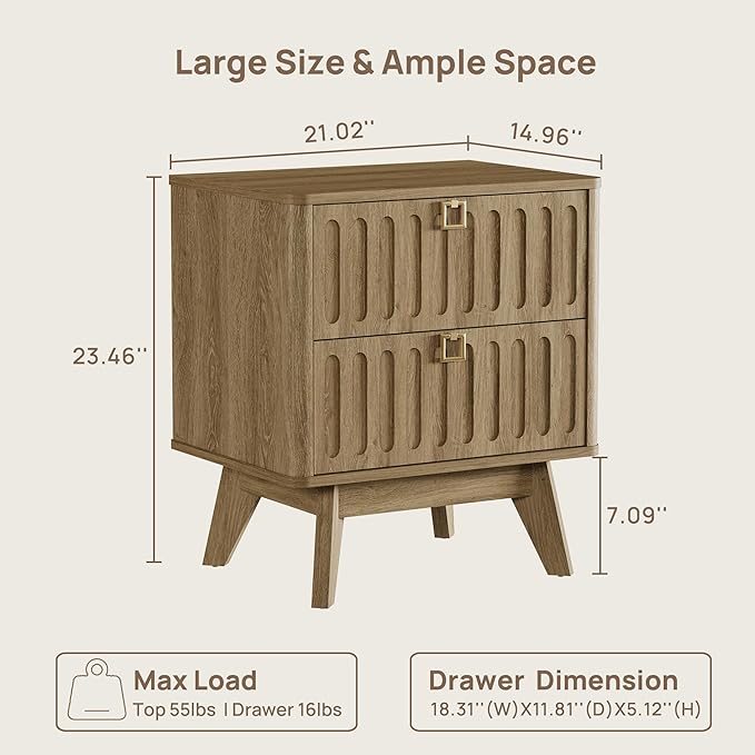 SICOTAS Nightstand Set of 2, Modern Bedside Tables with 2 Drawers, Stable Bedroom Nightstands with Textured Drawer Front and Gold Hardware for Bedroom, Apartment