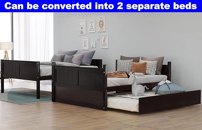 STERXONE Best Thicken Solid Wood Full Over Bunk Bed with Trundle, Luxurious Frame Size Safety Guard Rail and Ladder, Convertible to 2 Beds for Adults, Teens, Kids (Espresso)
