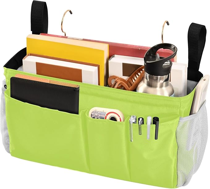KOPIRIT Neon Yellow Bedside Caddy Storage Bag Bedside Organizer for Headboards Bunk Beds Organizer Caddy Hanging Shelf 6 Pockets with Hooks for Magazine Water Bottle Holder