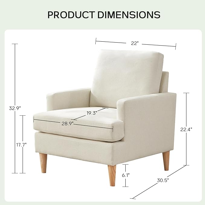 VKNOW Mid-Century Accent Chair, No Tools Assembly Required, Modern Upholstered Polyester Armchair for Living Room,Comfy Reading Accent Chairs with Wood Legs for Bedroom, Beige