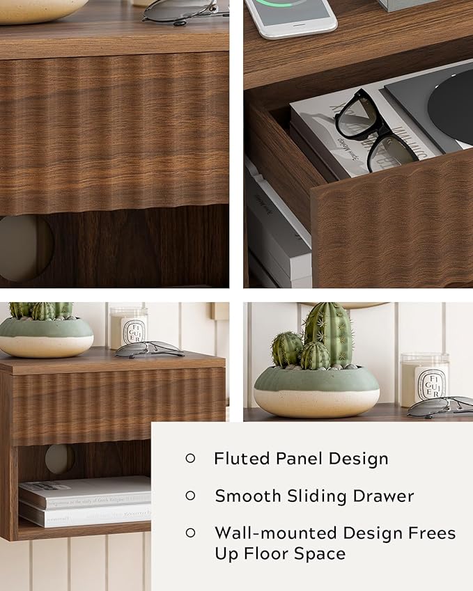 Floating Bedside Cabinet Set of Four with Drawers and Open Shelves, Compact Wall-Mounted Bedside Shelf, Modern Recessed Bedside Cabinet Suitable for Bedrooms and Living Rooms, Brown