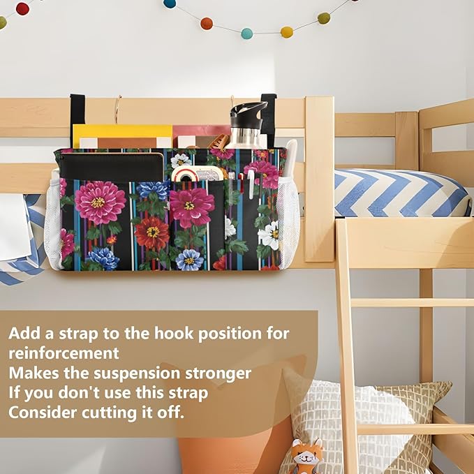 Bedside Caddy Hanging Bunk Bed Caddy Bed Organizer Hanging Pocket with 2 Hooks Bedside Storage Organizer Pocket Bag Holder Mexican Flowers Stripe