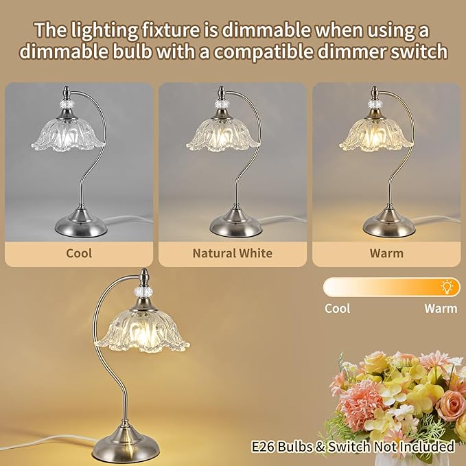 Brushed Nickel Table Lamp with a Floral Clear Glass Shade, A Plug-in Nightstand Lamp in Brushed Nickel Finish for Bedroom, Living Room,Office, and Desk