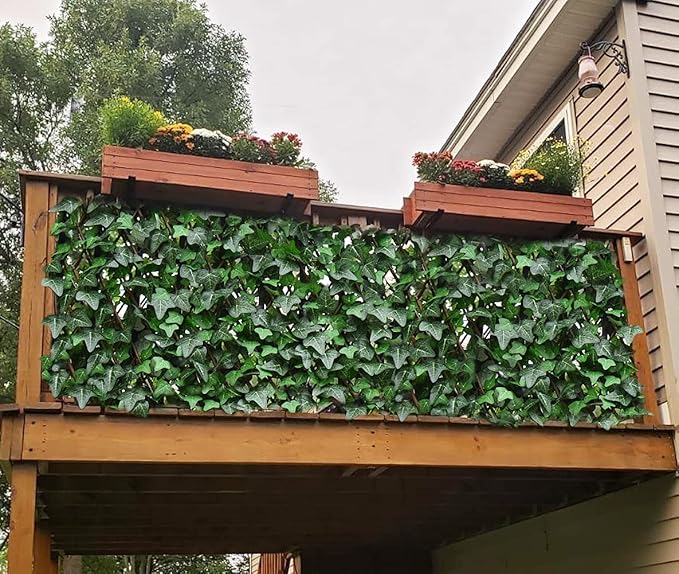 Expandable Fence Privacy Screen for Balcony Patio Outdoor,Decorative Faux Ivy Fencing Panel,Artificial Wax Gourd Leaf Hedges (Single Sided Leaves) (2, Green)
