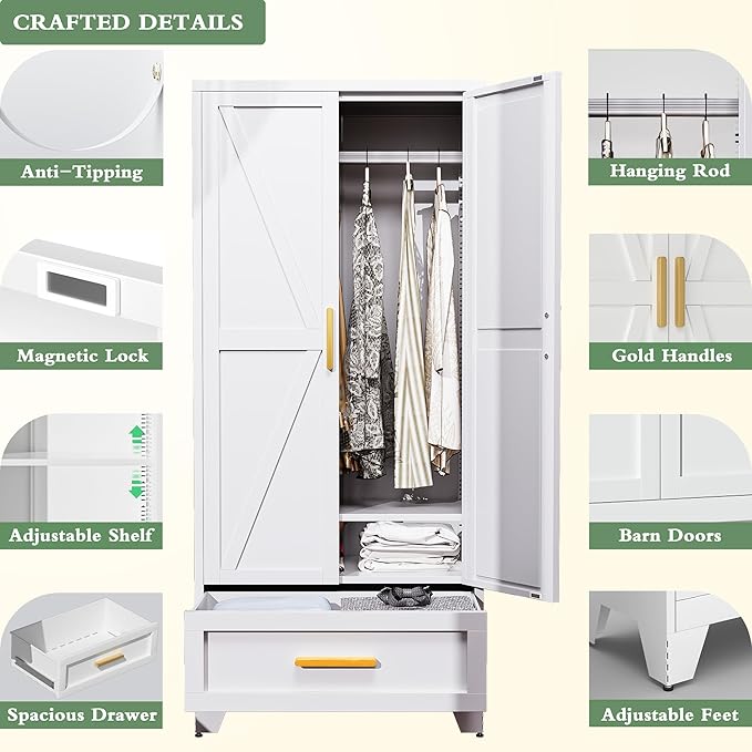 Metal Armoire Wardrobe Closet,71" Tall White Storage Cabinet with Hanging Rod,1 Drawers & 1 Adjustable Shelves,Heavy-Duty Steel Wardrobe for Bedroom, Garage, and Office