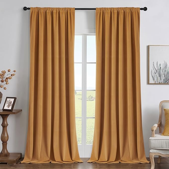 Joydeco Mustard Yellow 100% Blackout Curtains 108 Inch 2 Panels, Luxury Thermal Yellow Velvet Curtains for Bedroom Living Room, Soundproof Blackout Window Drapes, Rod Pocket & Back Tab (52W x 108L)