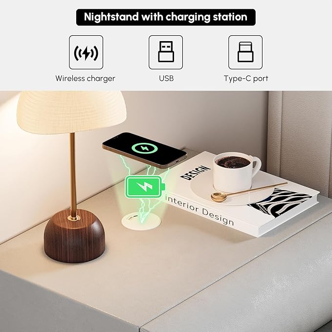 homary Smart Nightstand Modern White Leather Nightstands with Wireless Charger Bedside Table with 3 Drawers for Bedrooms Living Rooms Offices 19.7" W x 16.1" D x 23.6" H (Light Gray 3 Drawers)