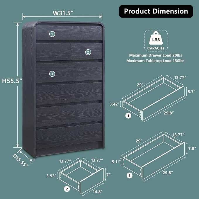 Modern 7 Drawers Dresser for Bedroom, 55" Tall Dressers & Chest of Drawers w/Curved Profile Design, Wood Mid Century Vertical Storage Dressers Organizer for Bedroom, Living Room, Black