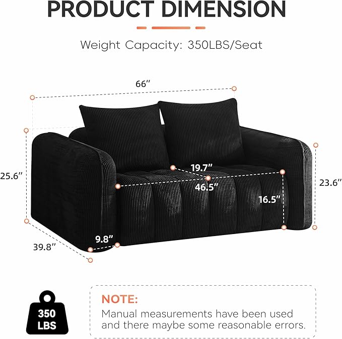66'' Boneless Loveseat Sofa, 2 Seater Tufted Deep Seat Couch with Rounded Armrest, Upholstered Corduroy Cloud Couch for Living Room, Bedroom, No Assembly, Black