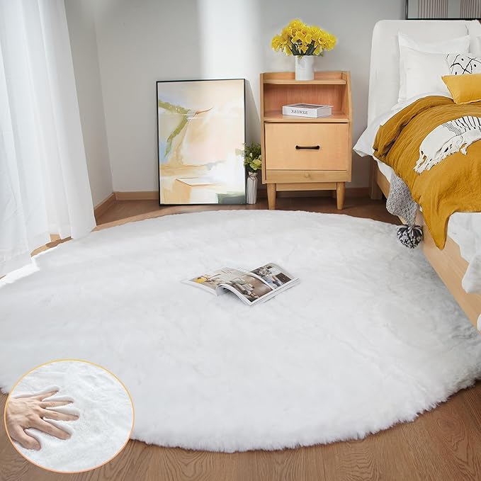 White Fluffy Round Rug 5ft for Bedroom Circle Faux Rabbit Washable Fur Area Rugs for Living Room Nursery Rug