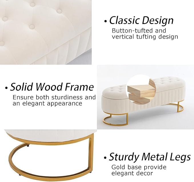 Velvet Storage Bench for Bedroom, Modern Tufted End of Bed Bench for King Size Bed, Upholstered Long Ottoman Bench with Gold Legs for Living Room/Entryway (Ivory White, 55" Wide)