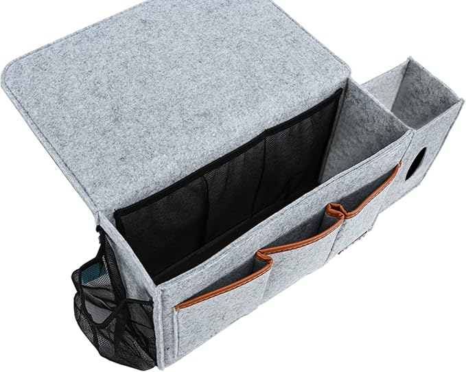 Bedside Caddy, Large Size Bedside Storage Organizer Bedside Organizer Caddy for Magazine Remotes Phone (13.4'' x 18.1'' Tissue box holder, Light Grey)