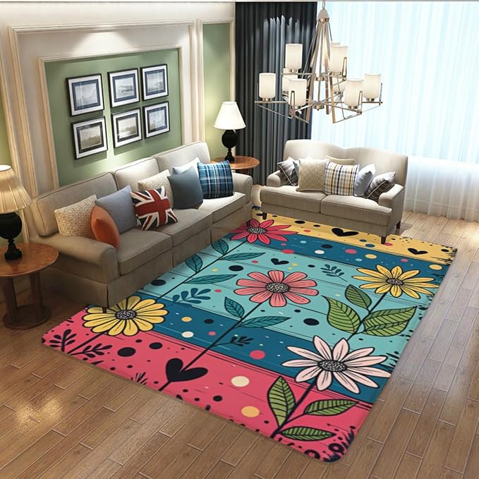 Machine Washable 3' x 5' Folk Art Print Style Area Rug, Flowers Floor mat, Suitable for bedrooms, Girls' Room Bedside, Living Room, Dining Room, Office, Non-Slip Low-Pile Retro, Fashionable Carpet