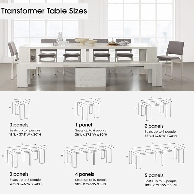Transformer Table - Solid Wood Extendable Dining Table, Seats 2-12, Extendable Dining Room Table, Space-Saving Furniture, Expandable Dining Furniture (White, Table + Bench + Coffee Table)