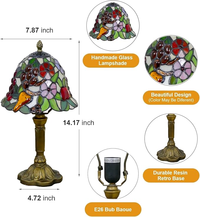 Mini Tiffany Table Lamp Nightstand Lamps Handmade Stained Glass Bedside Lamp Fruit Night Light for Office Bookcase Bar Bedroom Living Room,7.87 inch
