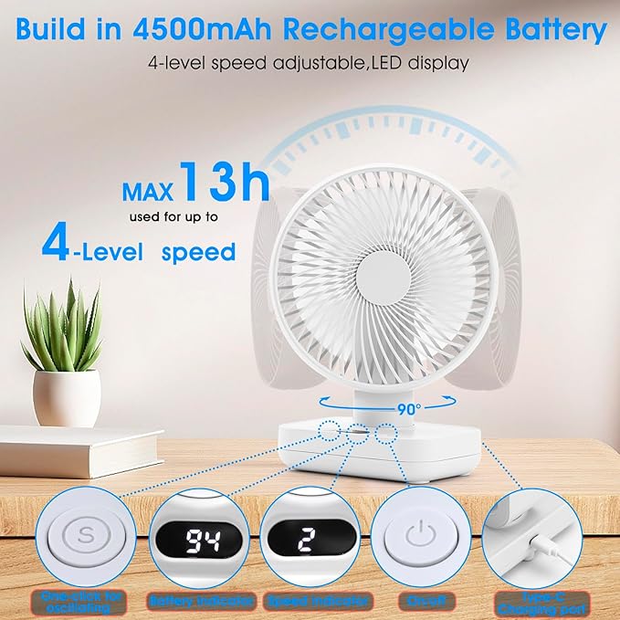 Digibond Oscillating Table Fan Small Oscillating Fan for Bedroom/Indoor/Outdoor Ultra Quiet Mini Desk Fan Auto 90° Rotated 4 Speeds 5in Wall Mounted Cordless Portable Rechargeable (White)
