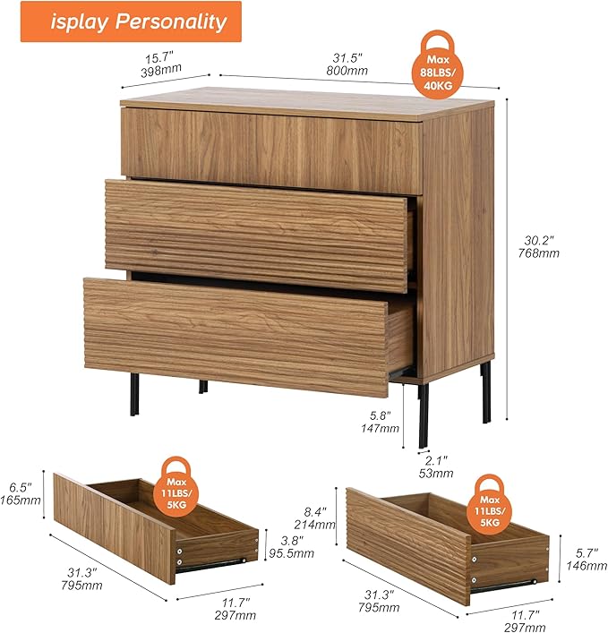 WAMPAT 31.5" W Fluted Dresser for Bedroom, Modern 3 Drawer Dresser TV Stand with Hidden Handles, Wooden Chest of Drawers Closet Clothes Storage Organizer for Bedroom, Living Room, Light Walnut