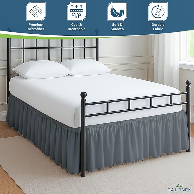 Rajlinen Ruffled Bed Skirt Twin XL, 10 Inch Drop Dust Ruffle with Split Corners, 100% Microfiber Bedskirt with Platform, Three-Sided Coverage Ruffled Gathering Design, Dark Grey