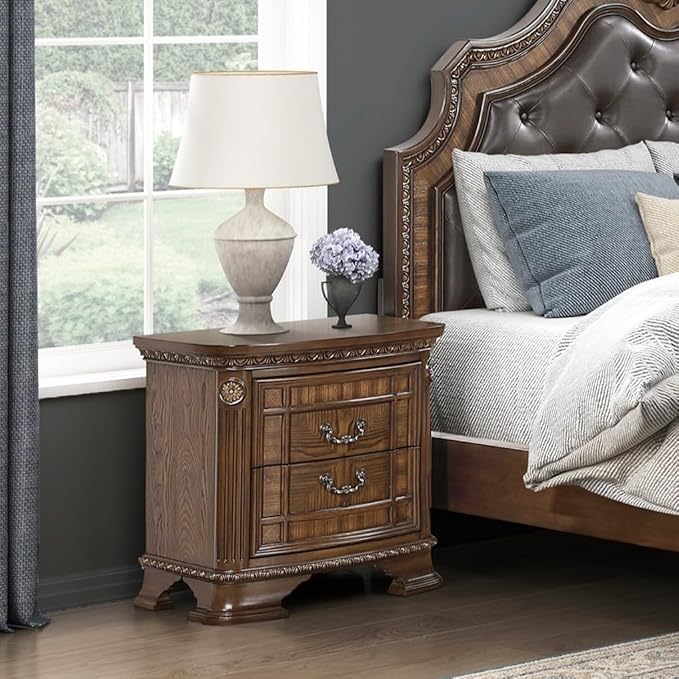 HKHUASEN Traditional Nightstand with 2 Drawers, Dark Brown Finish, Elegant Design for Bedroom Storage and Formal Bedside Cabinet