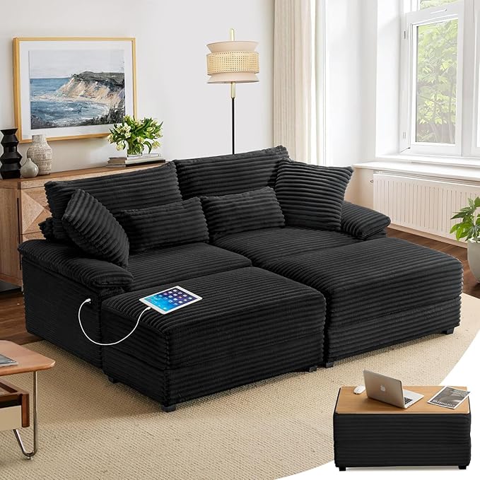 74" Double Chaise Lounge Chair Indoor, Oversized Loveseat with Removeable Ottoman, Corduroy Couch with USB Charging, Storage Ottoman, and Coffee Table Cushions for Living Room (2 Chaise Black)