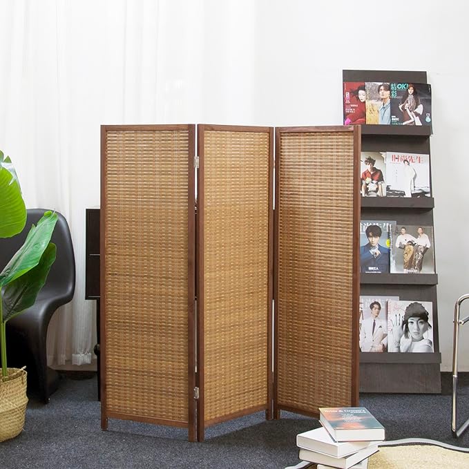 3 Panel Short Room Divider Screen,Brown Freestanding Partition,Small Bamboo Panel Divider for Room Seperation,3.95 FT Tall