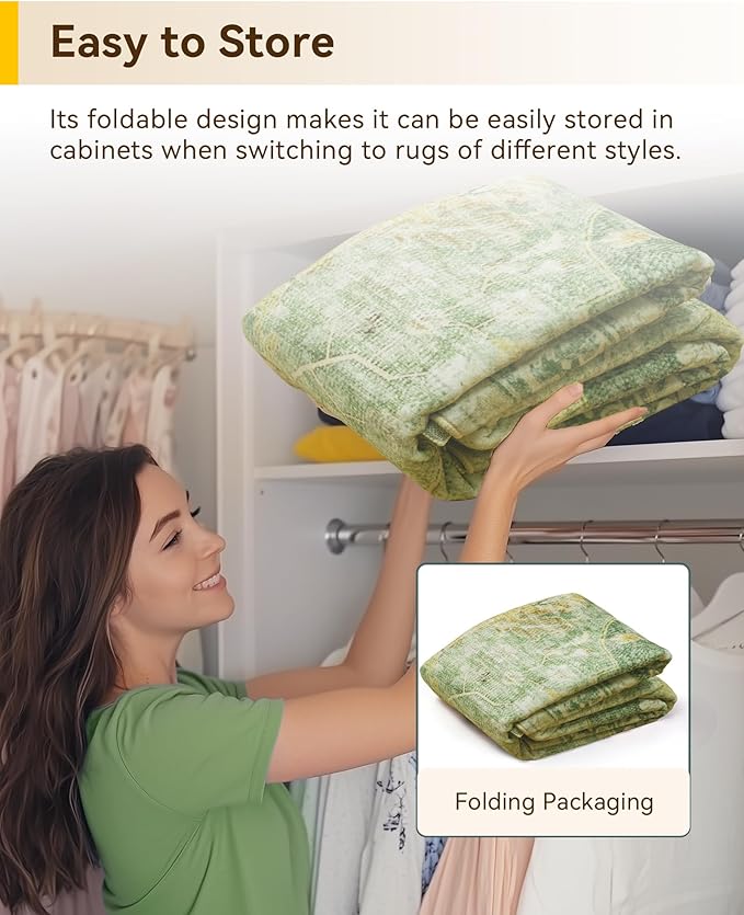 Area Rugs 6ft Washable Non-Slip, Floral Vintage Distress Print Pattern Medallion Carpet for Living Room Bedroom Dining Room, Sage Green Yellow