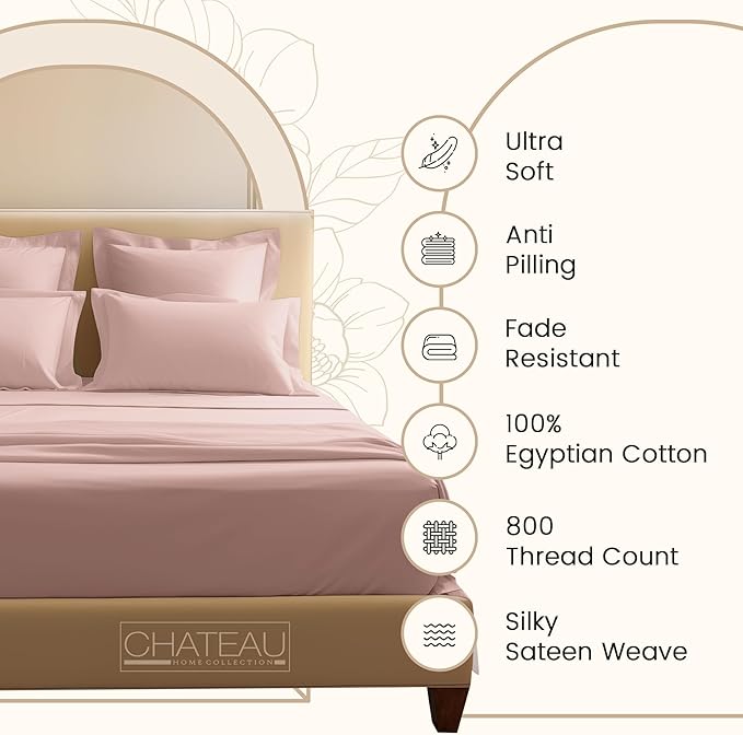 King Sheets Deep Pocket, 100% Egyptian Cotton Sheets For King Size Bed Dusty Rose, 800TC Luxury Soft & Breathable Naturally Cool Fully Elasticated Cotton Sheet Set, No Pill Fade Resistant- Sepia Rose