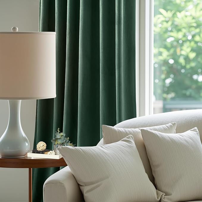 Green Velvet Curtains 84 Inches for Living Room, Elegant Thermal Insulated Luxury Drapes Room Darkening Heavy Blackout Curtains for Bedroom, Back Tab Rod Pocket, Dark Green, W52 x L84, 2 Panels