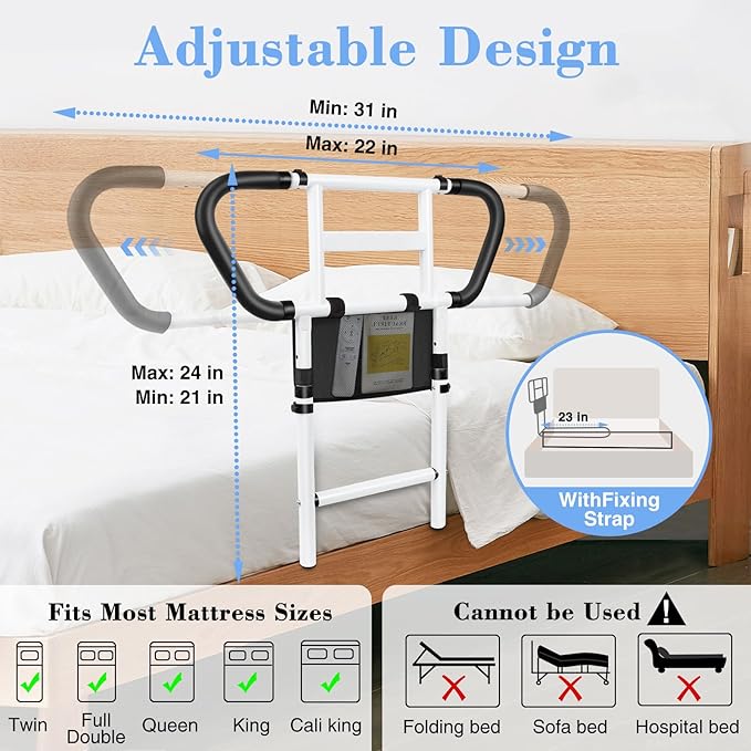 easymake Bed Rails for Elderly Adults Safety: Adjustable Bedside Assist Rails with Storage Pockets, Non-Slip Handles, Items for Elderly Bed Rail, 400LB Gravity Capacity