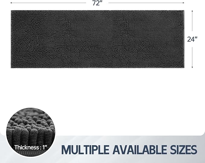 Dog Door Mat for Muddy Paws, 72" x 24" Chenille Absorbent Front Door Mat Inside, Large Runner Mud Mat for Dogs, Machine Washable Non Slip Outdoor Indoor Entrance Doormats, Grey